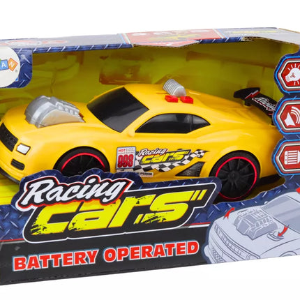 Lenktyninis automobilis su šviesomis, garsais ir atsidarančiu varikliu, geltonas