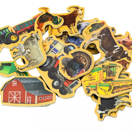 Medinių magnetukų rinkinys, Naminiai gyvūnai, Žemės ūkio technika, 20 vienetų