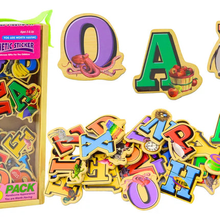 Medinių raidžių paveikslėlių magnetų rinkinys, 26 vienetai