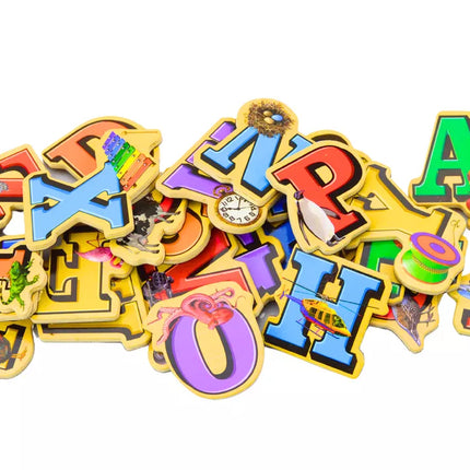 Medinių raidžių paveikslėlių magnetų rinkinys, 26 vienetai