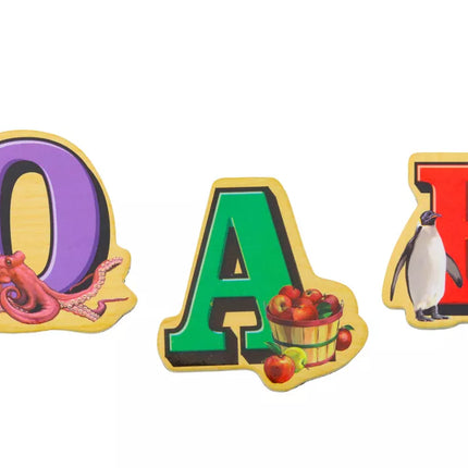 Medinių raidžių paveikslėlių magnetų rinkinys, 26 vienetai