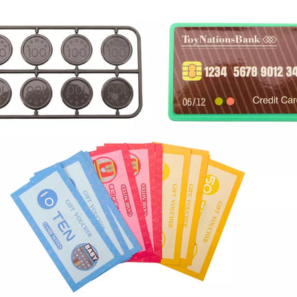 Kasos aparatas, skirtas mokytis skaičiuoti monetas, pirkinių vežimėlis, šviesos, garsai, rožinis