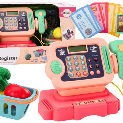 Kasos aparatas, skirtas mokytis skaičiuoti monetas, pirkinių vežimėlis, šviesos, garsai, rožinis