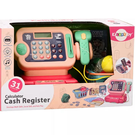 Kasos aparatas, skirtas mokytis skaičiuoti monetas, pirkinių vežimėlis, šviesos, garsai, rožinis