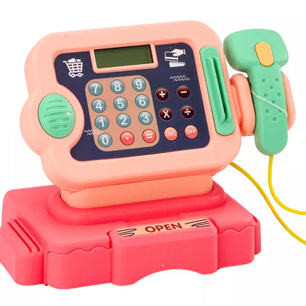 Kasos aparatas, skirtas mokytis skaičiuoti monetas, pirkinių vežimėlis, šviesos, garsai, rožinis