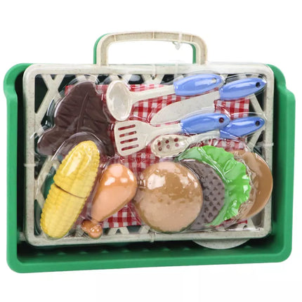 Grilio reikmenų, maisto, stalo įrankių, lėkščių ir puodelių rinkinys