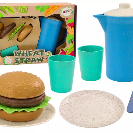 Stalo įrankių rinkinys, lėkštės, puodeliai, ąsotis, mėsainis, stalo įrankiai, 11 vnt.