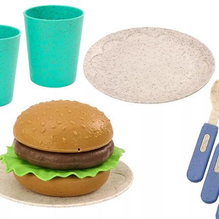 Stalo įrankių rinkinys, lėkštės, puodeliai, ąsotis, mėsainis, stalo įrankiai, 11 vnt.