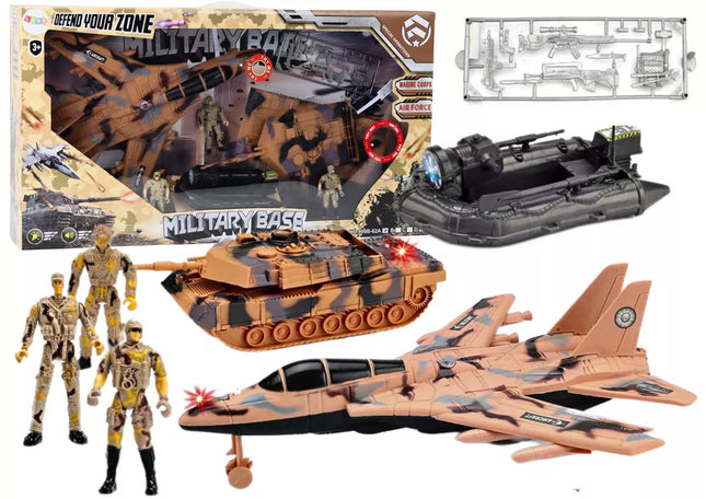 Karinis rinkinys: karinis tankas, lėktuvas, kariai, garsai, šviesos