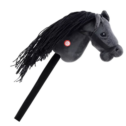 Pliušinis arkliuko galva ant lazdelės žaislas ilgais plaukais – juodas garsas