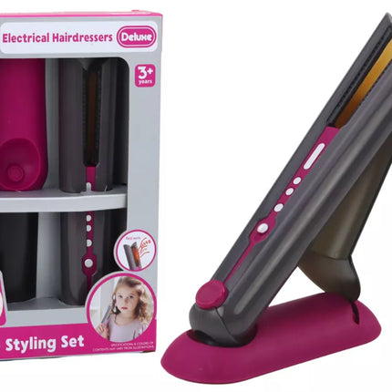 Žaislinis plaukų tiesintuvas su stovu, šviesomis ir garsais