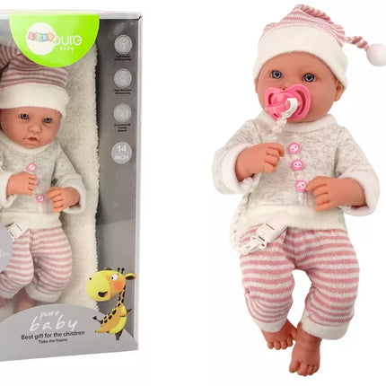 Lėlė kūdikis, megztinis, dryžuota kepurė, rožinis čiulptukas