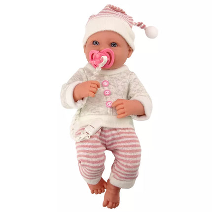 Lėlė kūdikis, megztinis, dryžuota kepurė, rožinis čiulptukas