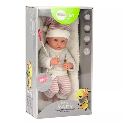 Lėlė kūdikis, megztinis, dryžuota kepurė, rožinis čiulptukas