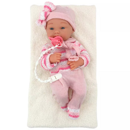 Lėlė kūdikis, megztinis dryžuotas, kepurė, šalikas, priedai, rožinė