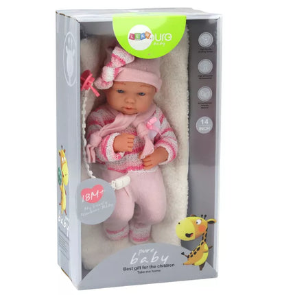 Lėlė kūdikis, megztinis dryžuotas, kepurė, šalikas, priedai, rožinė