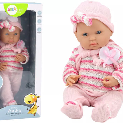 Lėlė kūdikis, dryžuotas megztinis, kepurė, šalikas, rožinė