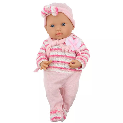 Lėlė kūdikis, dryžuotas megztinis, kepurė, šalikas, rožinė