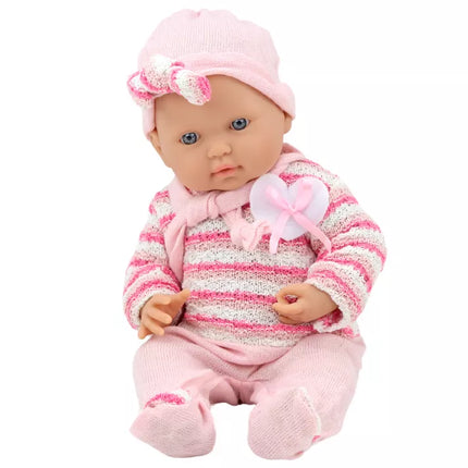 Lėlė kūdikis, dryžuotas megztinis, kepurė, šalikas, rožinė