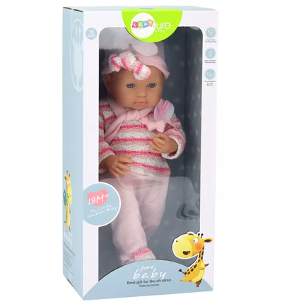 Lėlė kūdikis, dryžuotas megztinis, kepurė, šalikas, rožinė