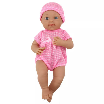 Lėlytė su rožiniais drabužėliais, kepure, čiulptuku ir antklode