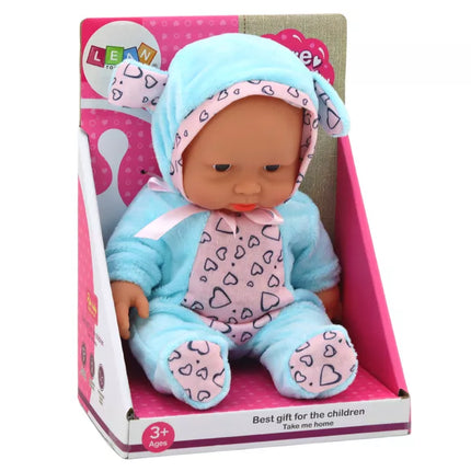 Maža lėlė kūdikiui, drabužiai, kepurė, kaspinas, ausys, mėlyna