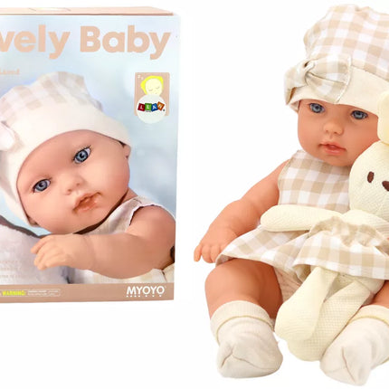 Lėlytė vežimėlyje, triušelis, languotu kostiumėliu, smėlio spalvos