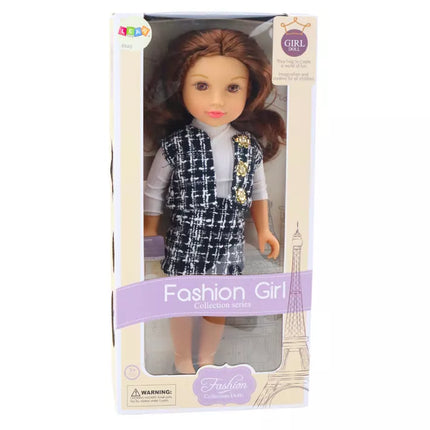 Lėlė su elegantiškais languotais drabužiais, rudi plaukai