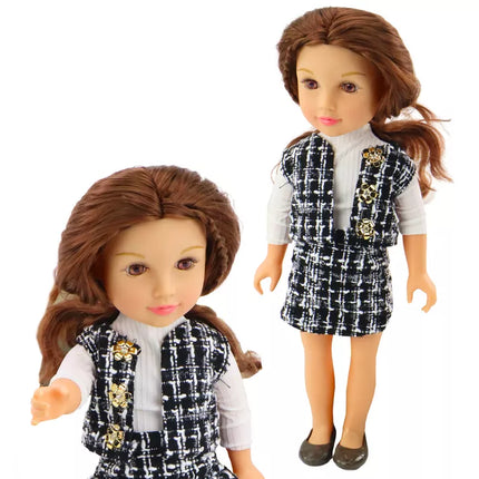 Lėlė su elegantiškais languotais drabužiais, rudi plaukai