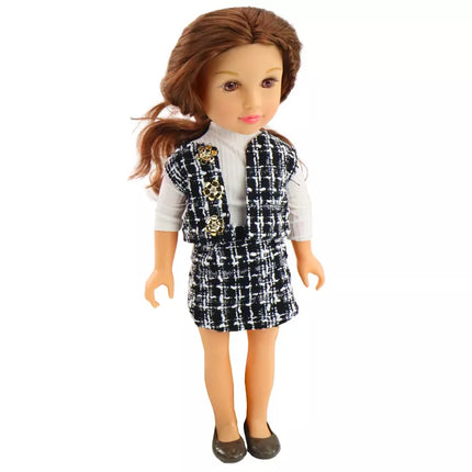 Lėlė su elegantiškais languotais drabužiais, rudi plaukai
