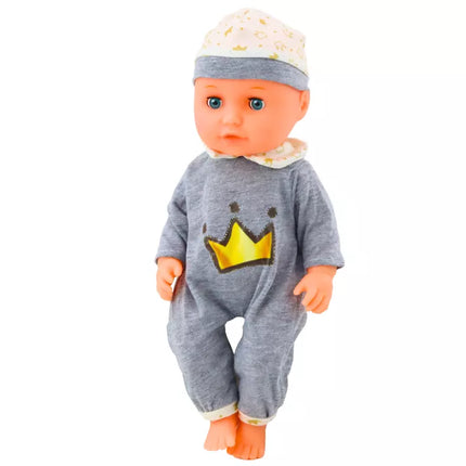 Lėlė pilkais pižamais su buteliuku ir čiulptuku, skleidžianti garsus (šlapinasi)