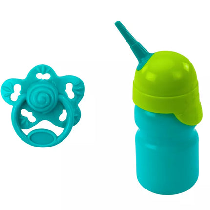 Lėlė pilkais pižamais su buteliuku ir čiulptuku, skleidžianti garsus (šlapinasi)