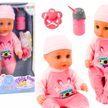 Lėlytė su rožine pižama, sisiukų buteliukas, čiulptukas, garsai