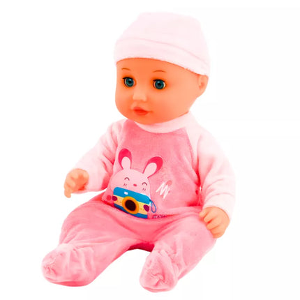 Lėlytė su rožine pižama, sisiukų buteliukas, čiulptukas, garsai