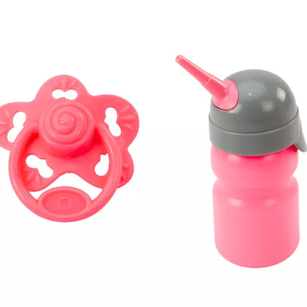 Lėlytė su rožine pižama, sisiukų buteliukas, čiulptukas, garsai