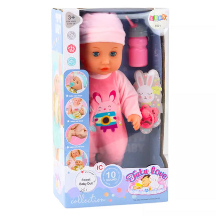 Lėlytė su rožine pižama, sisiukų buteliukas, čiulptukas, garsai