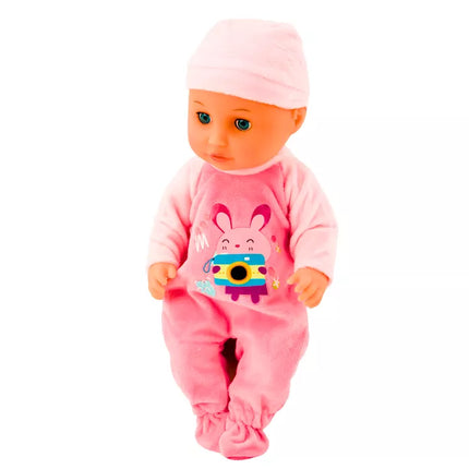 Lėlytė su rožine pižama, sisiukų buteliukas, čiulptukas, garsai