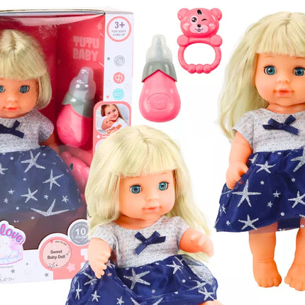 Lėlė su tamsiai mėlyna suknele, pisuaru, buteliuku, barškučio garsais