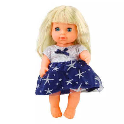 Lėlė su tamsiai mėlyna suknele, pisuaru, buteliuku, barškučio garsais