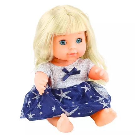 Lėlė su tamsiai mėlyna suknele, pisuaru, buteliuku, barškučio garsais