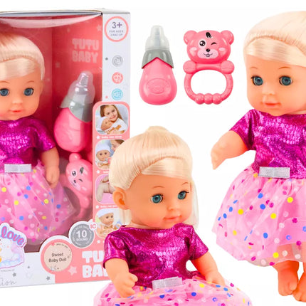 Lėlė su rožine suknele, sisiuko buteliukas, barškučio garsai