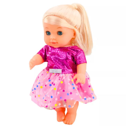 Lėlė su rožine suknele, sisiuko buteliukas, barškučio garsai