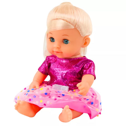 Lėlė su rožine suknele, sisiuko buteliukas, barškučio garsai