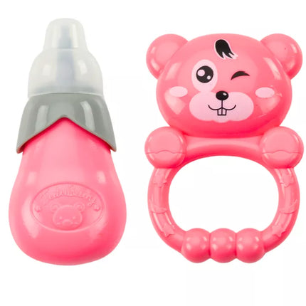 Lėlė su rožine suknele, sisiuko buteliukas, barškučio garsai