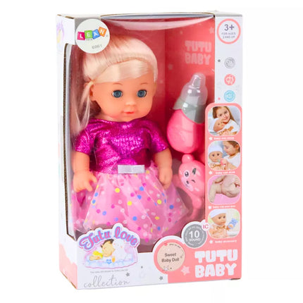 Lėlė su rožine suknele, sisiuko buteliukas, barškučio garsai