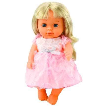 Lėlė su šviesiai rožine suknele, kuri sysioja, buteliukas, barškučio garsai