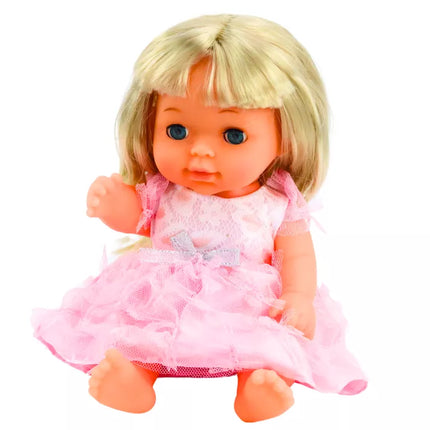 Lėlė su šviesiai rožine suknele, kuri sysioja, buteliukas, barškučio garsai