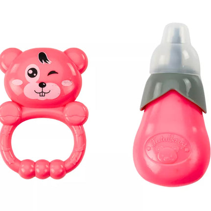 Lėlė su šviesiai rožine suknele, kuri sysioja, buteliukas, barškučio garsai