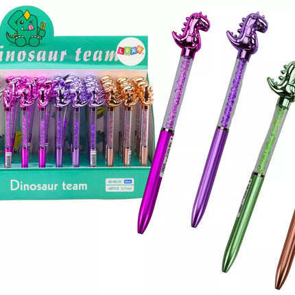 Dinozaurų tušinukas su deimantais, mėlynas pildiklis, 0,7 mm, įvairių spalvų