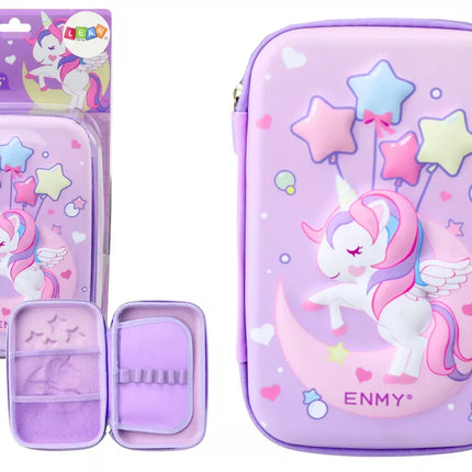 Didelė 3D vienaragio pieštukinė, sulankstoma, violetinė, 23x15x5 cm